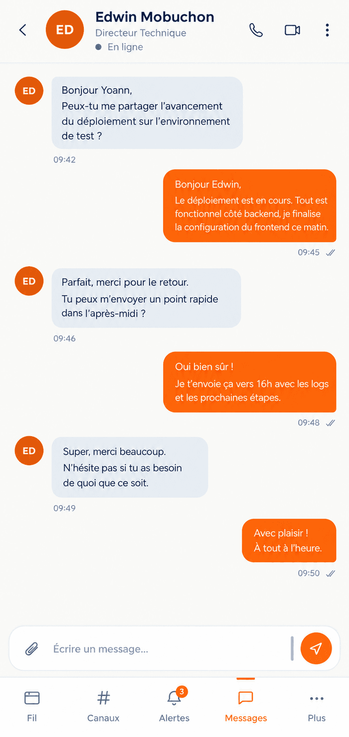 Aperçu d'une conversation dans l'application Yeen, chiffrée de bout en bout